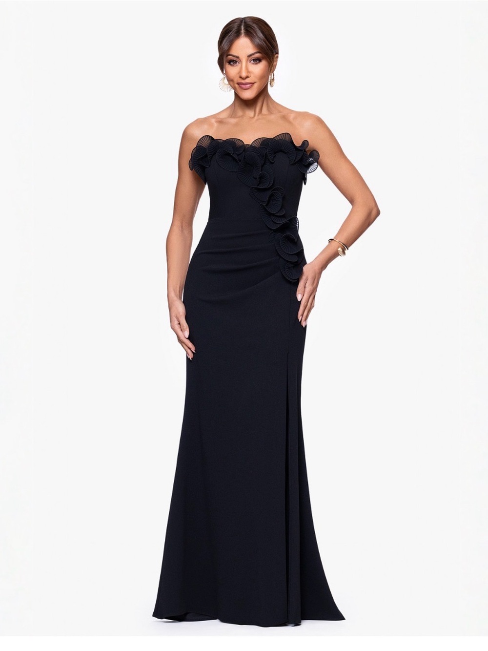 Xscape Strapless Black Ruffle-Embellished Evening Gown
